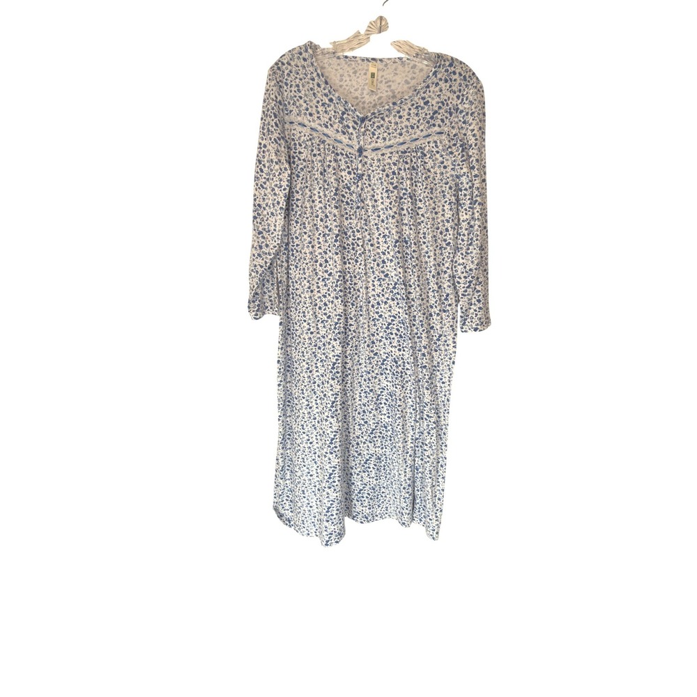 La Cera Nightgown Blue White Floral Lace Lounge Loungewear Cozy‎ Sleep XS